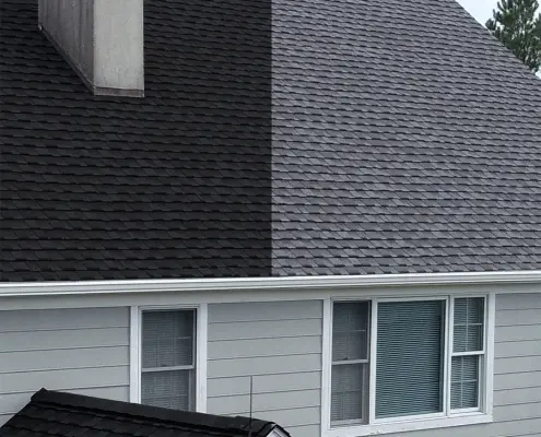 Example of new roof with light shingles and dark shingles