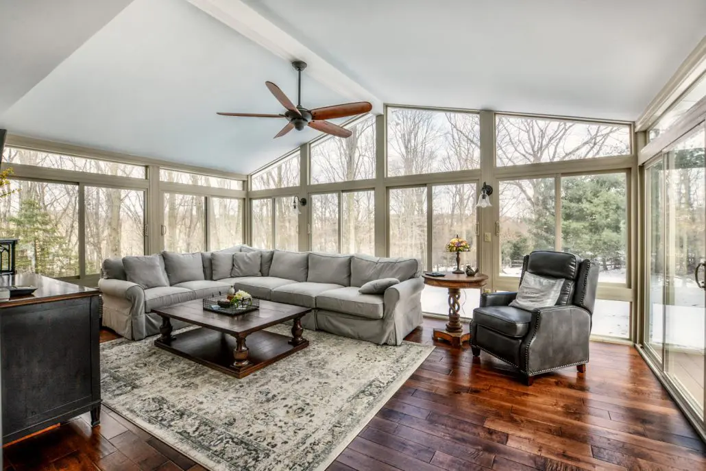 Charlottesville-Sunroom Interior of a fully furnished sunroom.