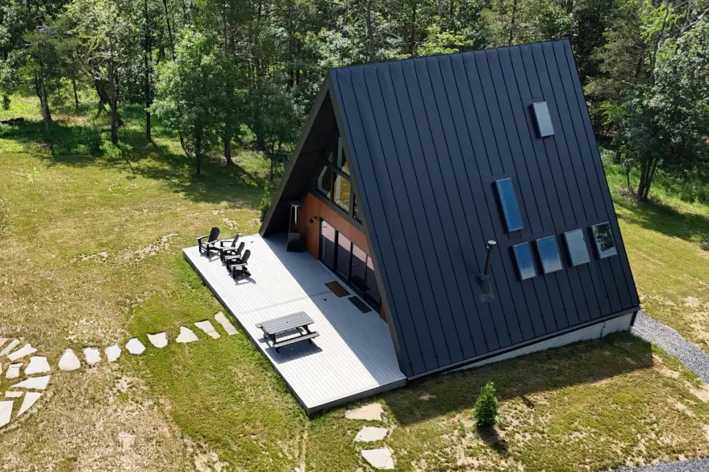 default Mount Jackson A-Frame with Standing Seam Metal Roof, Seamless Gutters and Velux Skylights