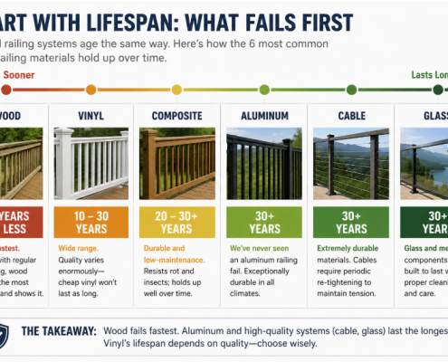 Compare deck railings wood vinyl composite, aluminum, cable, glass