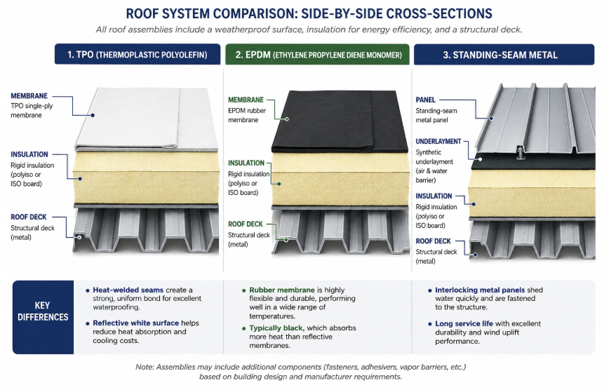Roof System Comparison: Side by Side Cross-Sections tpo V EPDM V metal roofing comparison