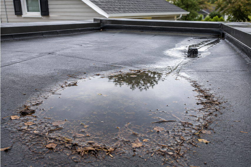 debris puddle on low slope roof debris puddle on low slope roof