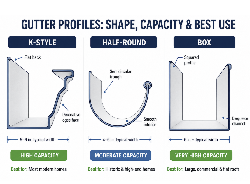 shape, capacity & best use gutter profiles