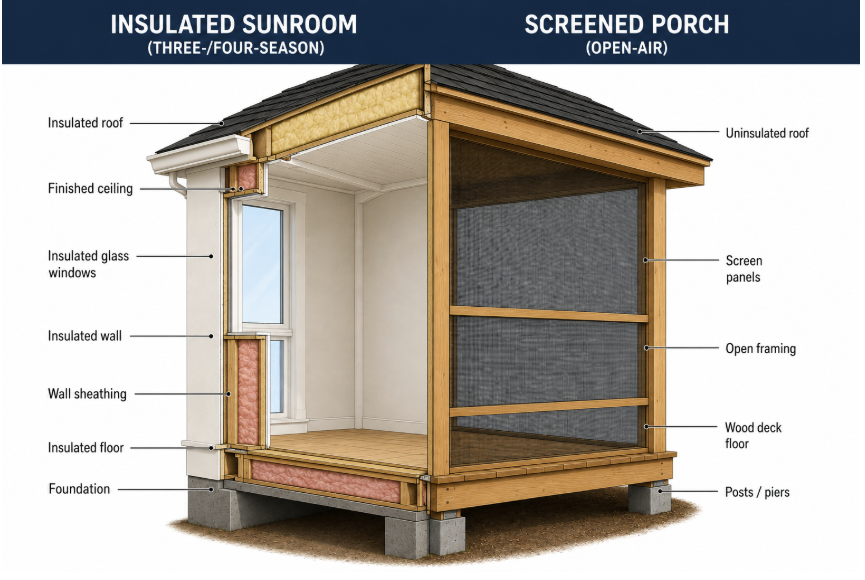 THREE OR 4 season v open-air INSULATED SUNROOM V SCREENED PORCH