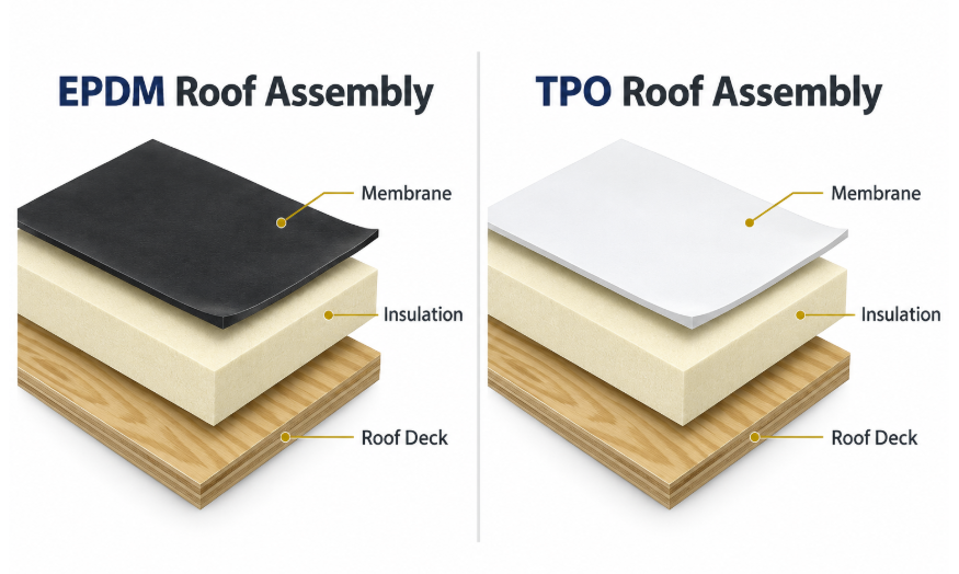 tpo vs epdm epdm roof assembly versus top roof assembly labeled parts
