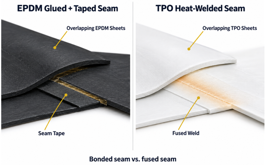 tpo compared to epdm epdm glued + taped seam vs TPO heat-welded seam