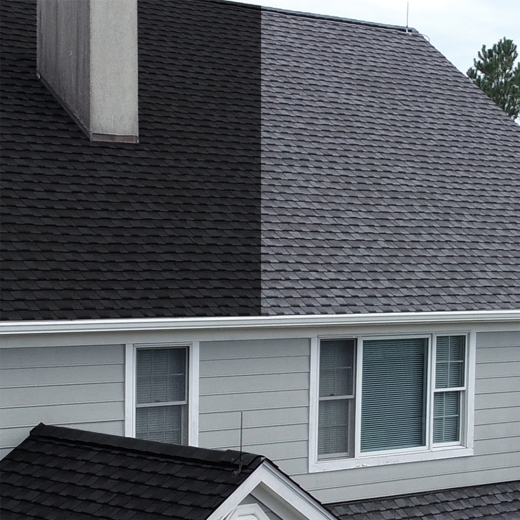 Example of new roof with light shingles and dark shingles