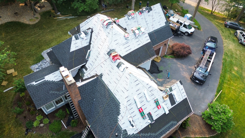 Aerial view of roofing project