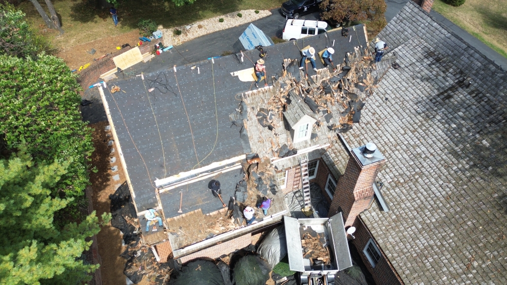 aerial view of a new roof installation in process.