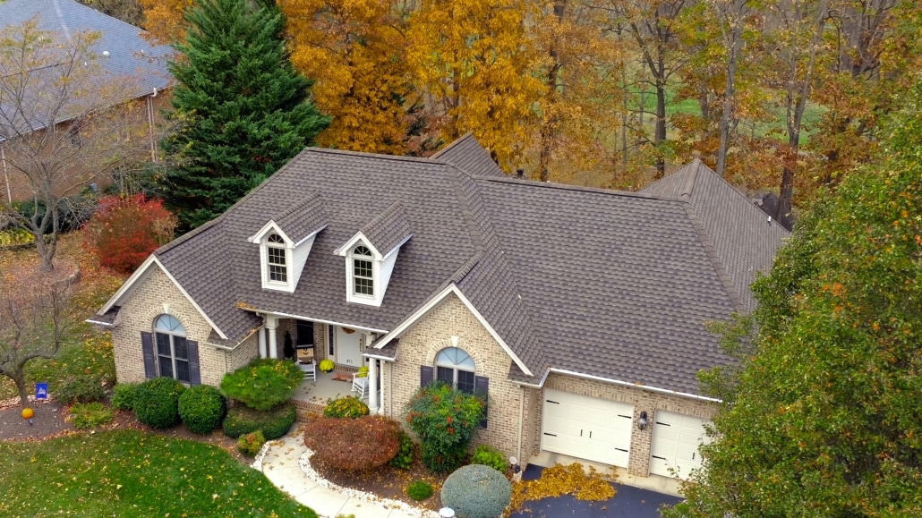 Aerial view of new roof from Harrisonburg roofing company, Valley Roofing & Exteriors.