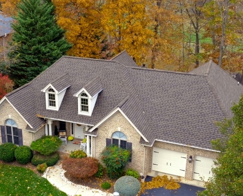 Aerial view of new roof from Harrisonburg roofing company, Valley Roofing & Exteriors.