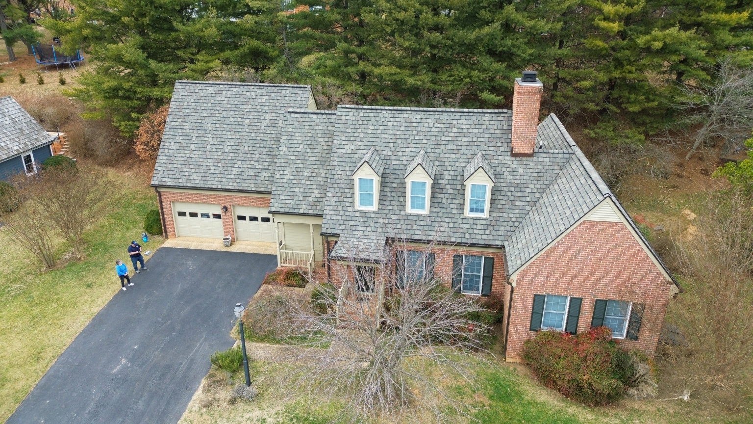 Aerial photo of a Massanutten home with designer roof shingles.