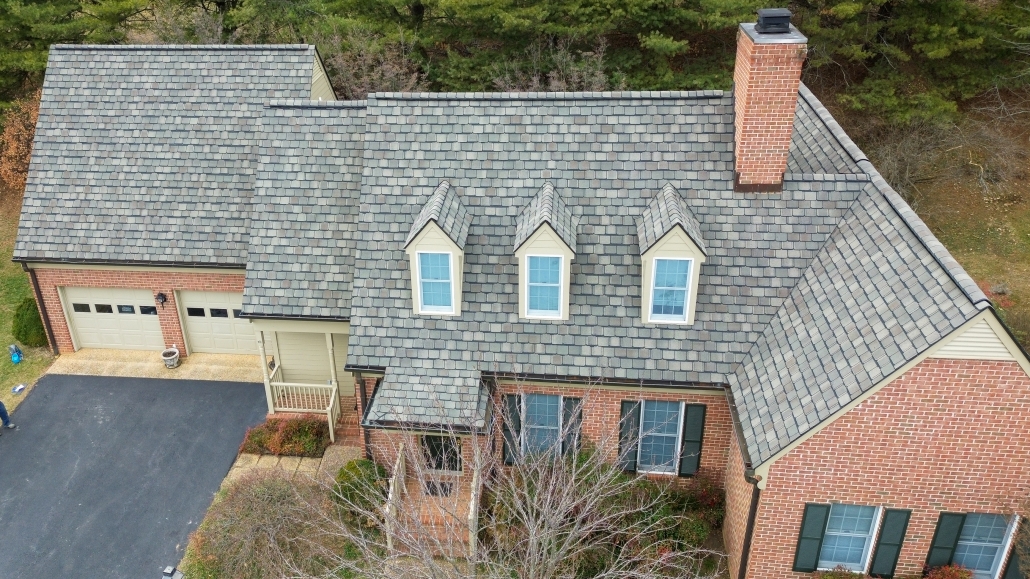 Aerial photo of a Massanutten home with designer roof shingles.