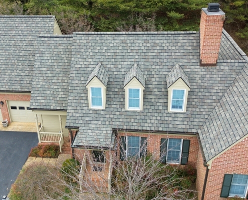 Aerial photo of a Massanutten home with designer roof shingles.