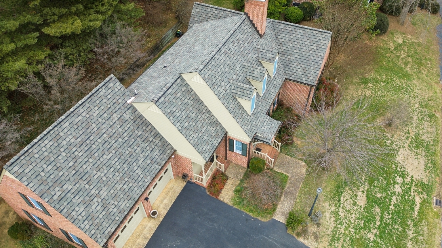 Aerial photo of a Massanutten home with designer roof shingles.