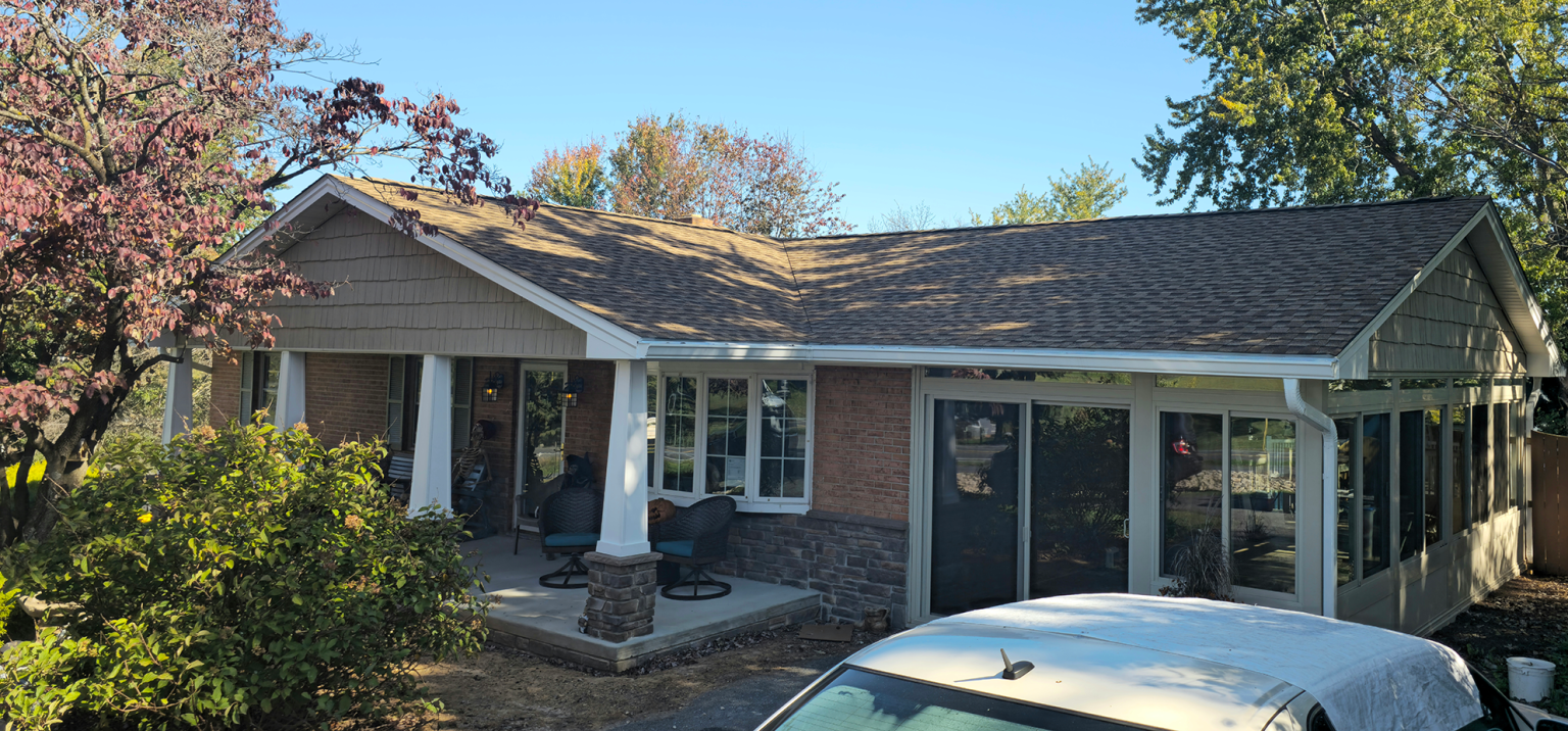 Roofing and porch details on a Harrisonburg home.